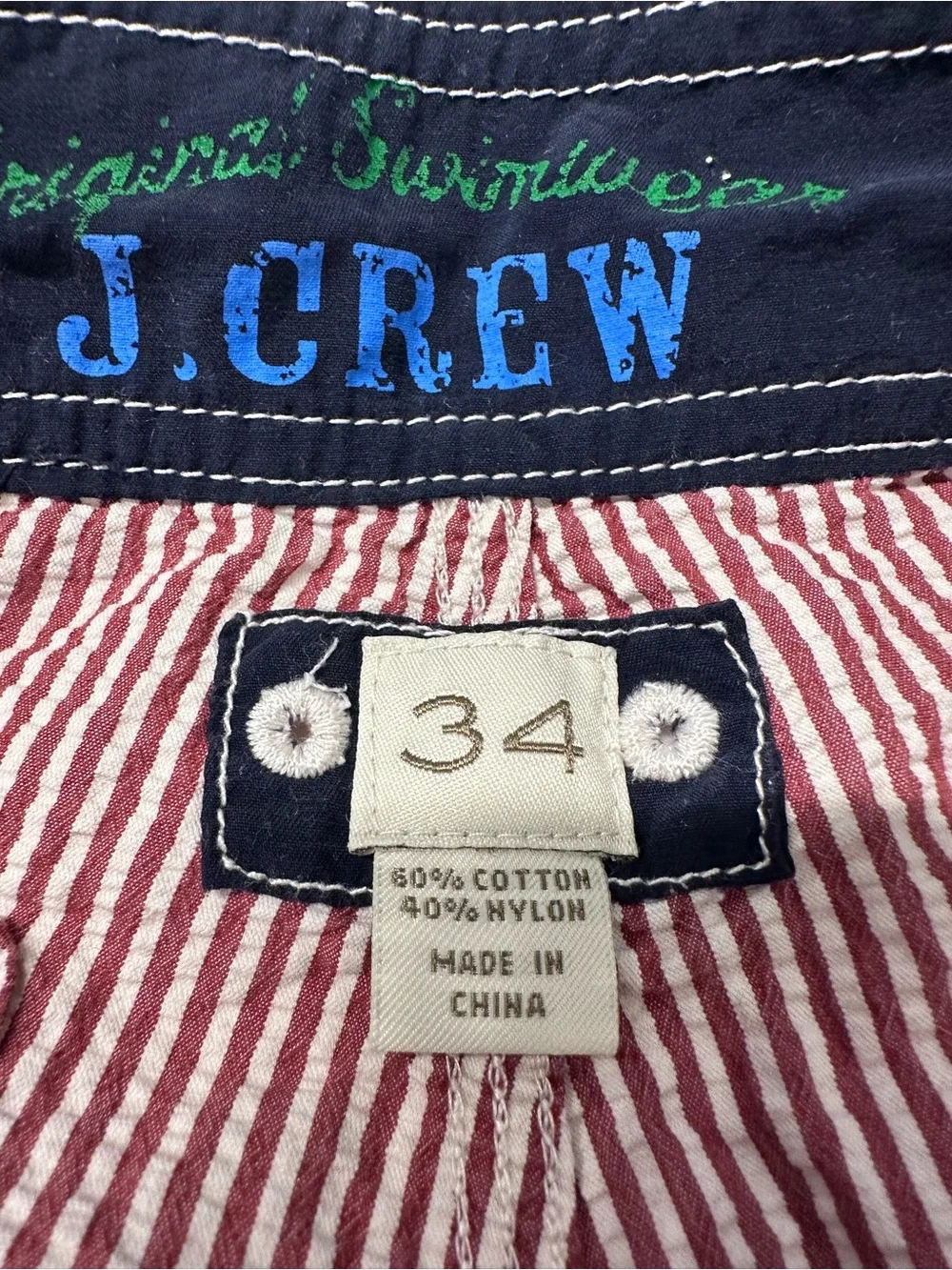 J. Crew Men’s Vintage Red and White Striped Seersucker Board Shorts